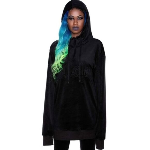 Killstar ✦ Fester Hoodie ✦ Black Velour Oversized Hood Pullover M Unisex NWT - Picture 2 of 9